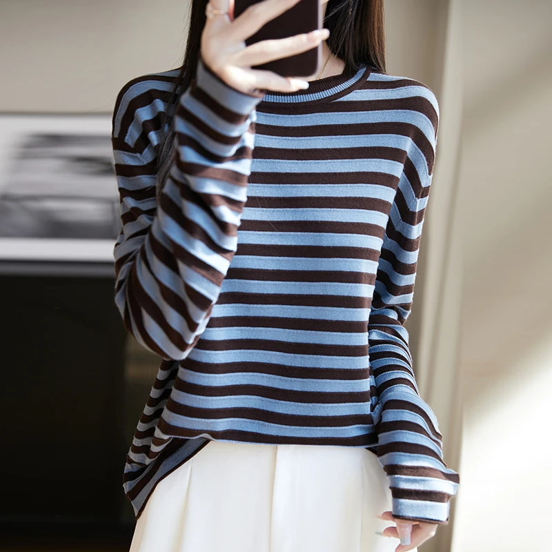 夏季宽松条纹长袖T恤气质慵懒休闲圆领长袖针织简约百搭撞色条纹