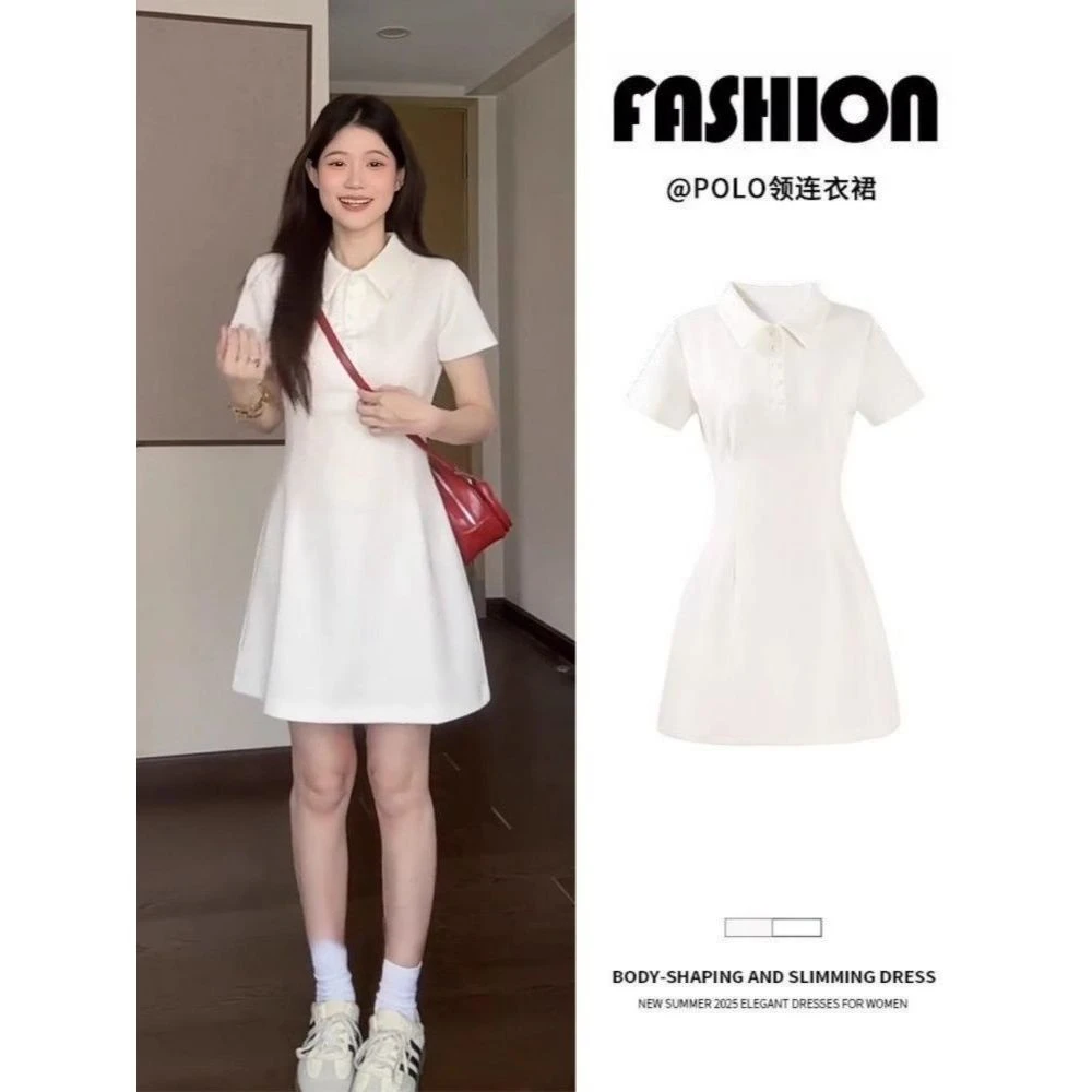 白色polo连衣裙女夏巨好看的小白裙子小个子清纯掐腰收腰包臀短裙