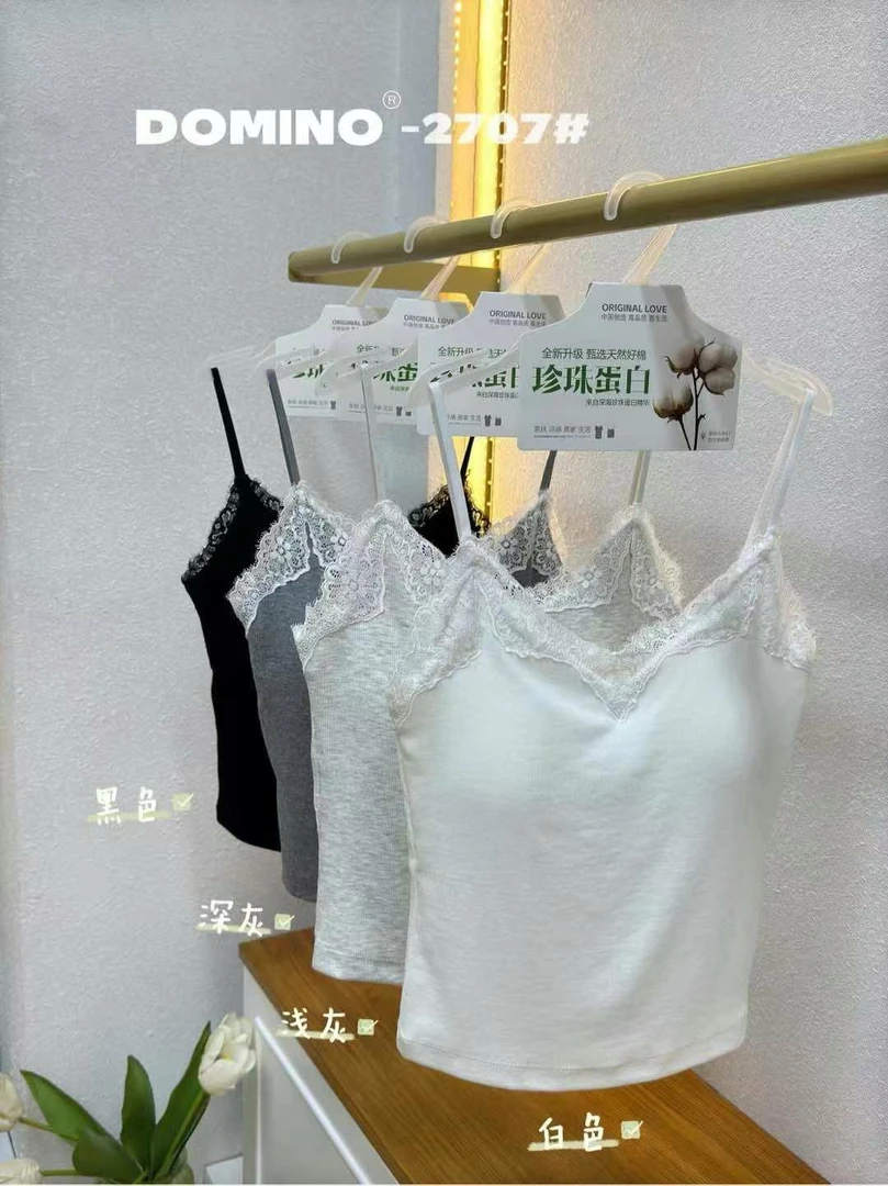 夏季新品2707-3515螺纹棉拼接蕾丝边吊带女固定一体杯背心内搭