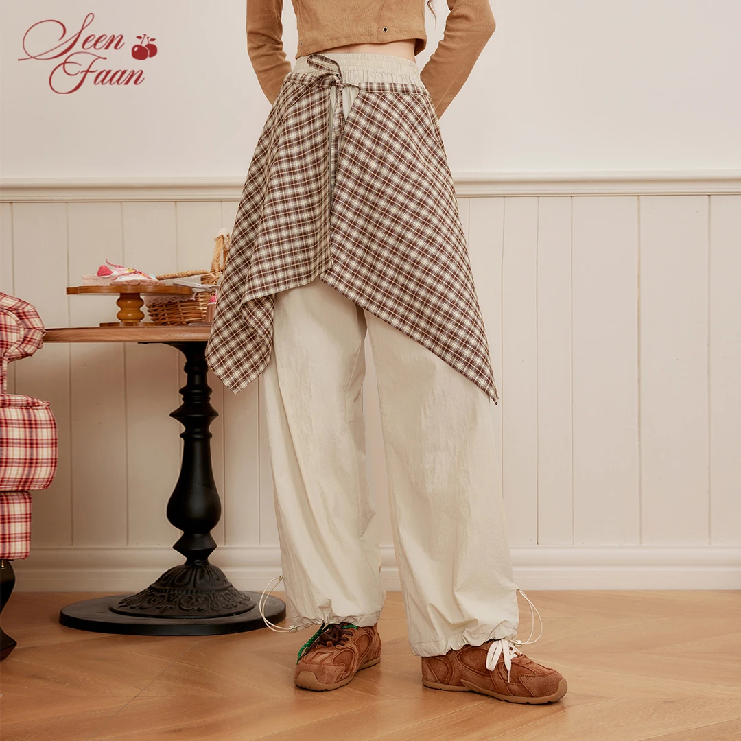 SEENFAAN盛放2025年春季新款真两件复古格子叠穿梭织休闲裤女直桶