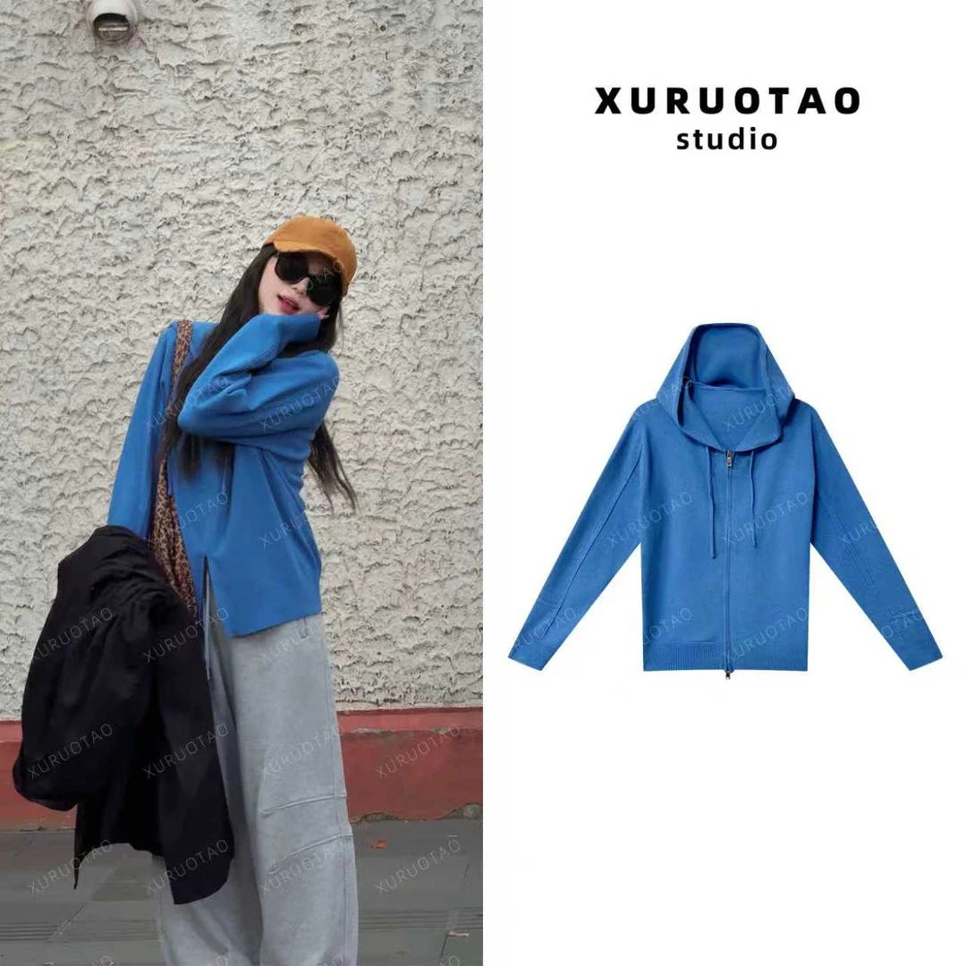 XURUOTAO【布鲁克兰】羊毛莫代尔拉链设计感百搭蓝色连帽衣 T5498