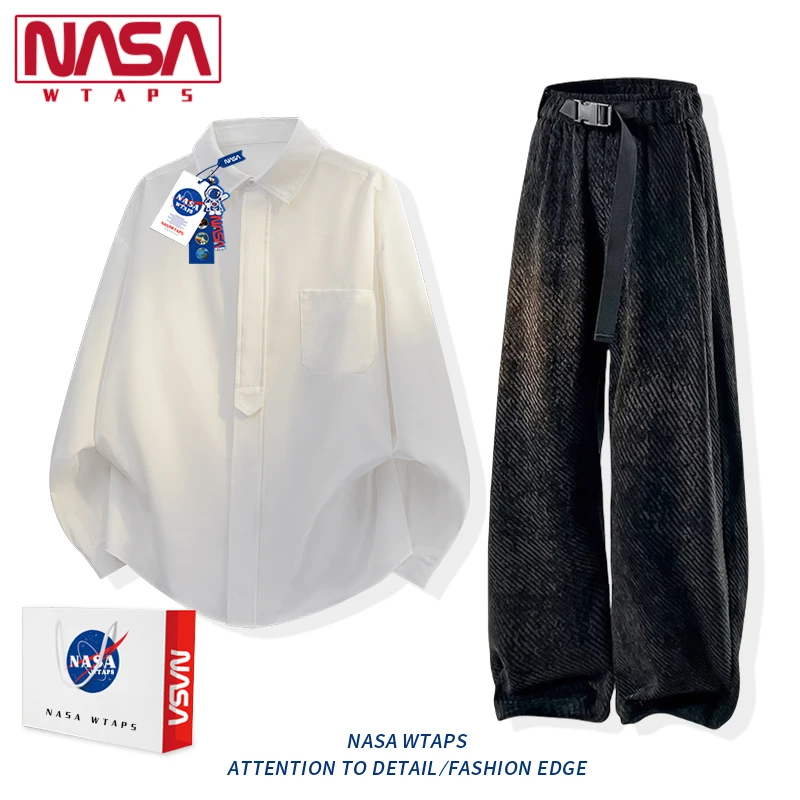 NASA WTAPS夏季冰丝长袖衬衫套装男士高级感痞帅休闲潮牌衬衣长裤