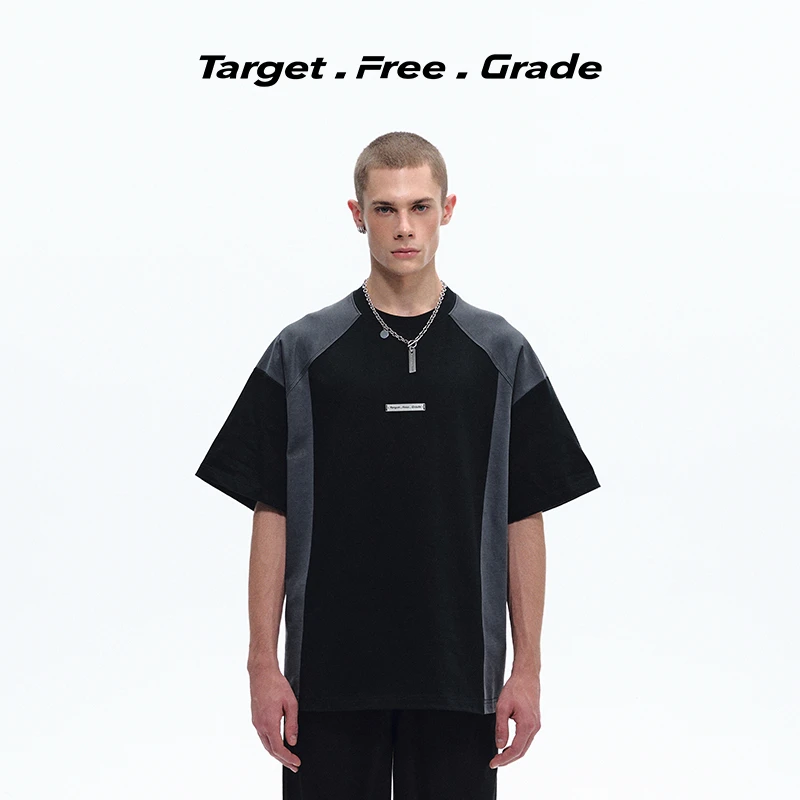 【陈立农同款】TFG潮流百搭运动休闲撞色拼接圆领黑灰色短袖T恤