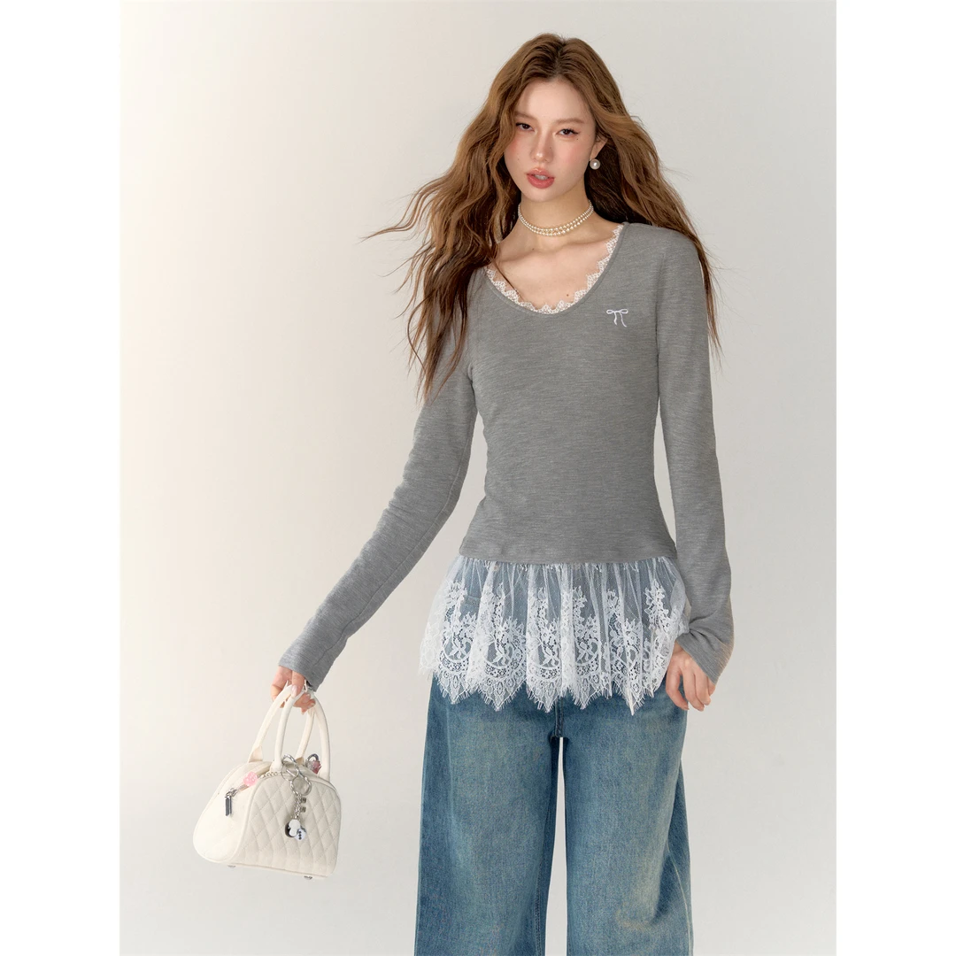 AsGony 蕾丝拼接灰色v领长袖上衣女早春休闲百搭叠穿修身长袖内搭