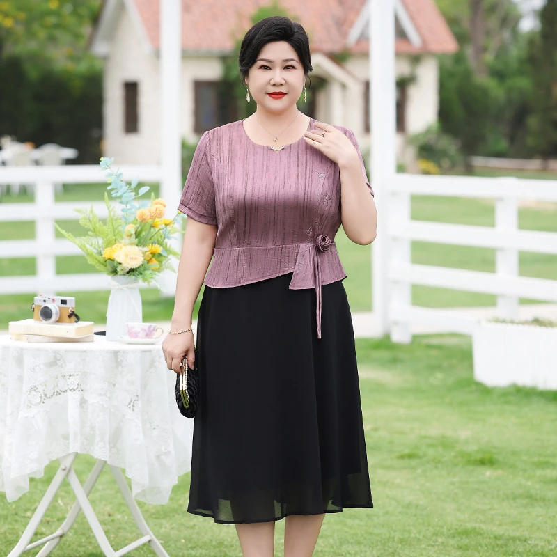 胖妈妈夏季新款连衣裙大码高腰显瘦假两件中老年女装高贵气质长裙