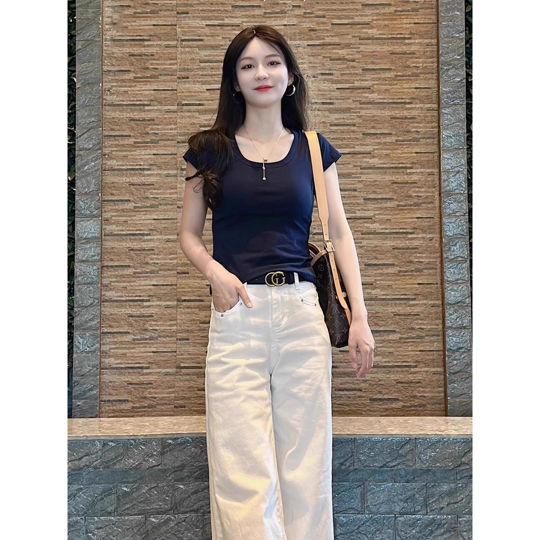 巨好看的夏装一整套轻奢高级感超火大方得体藏青色T恤阔腿裤套装