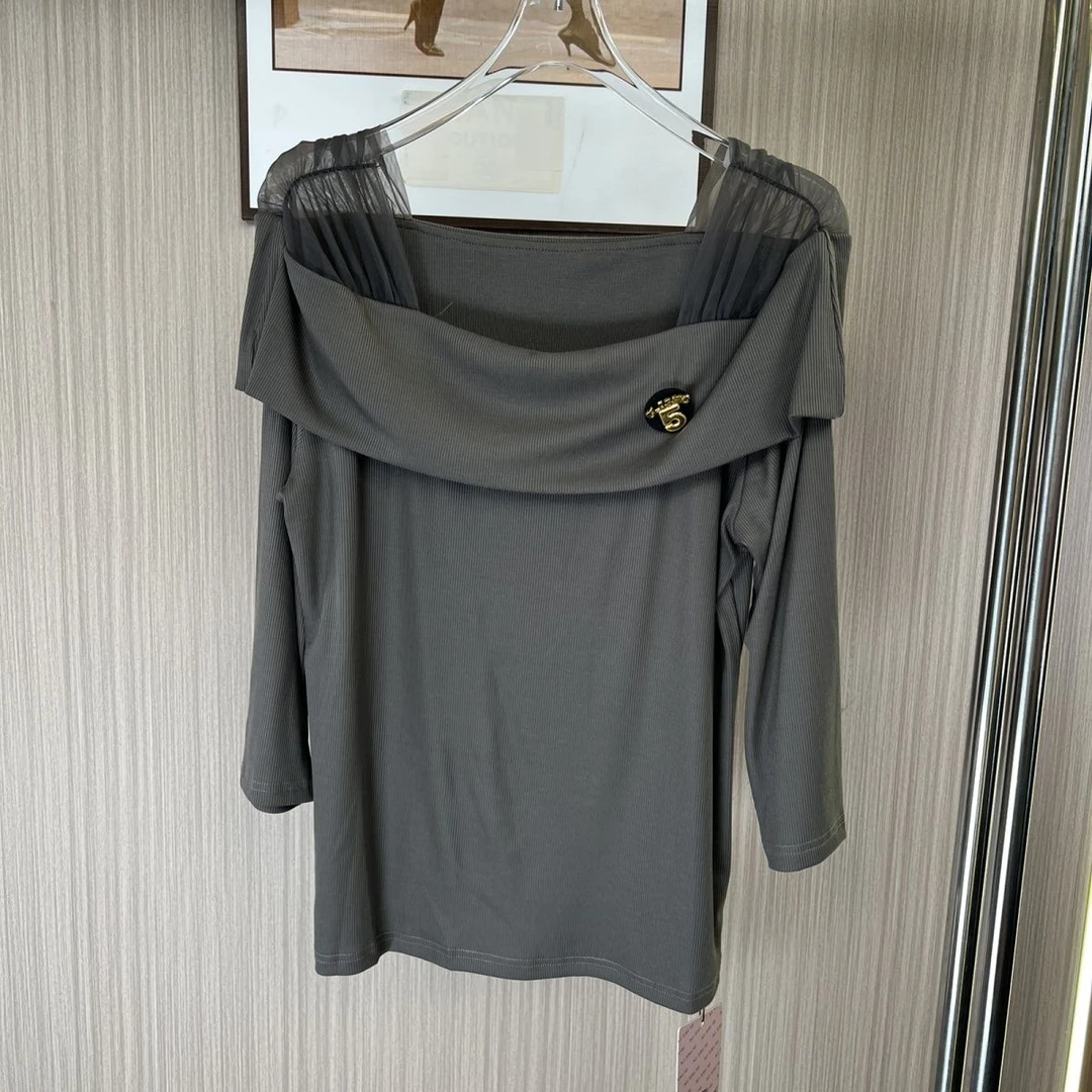 9055撤柜az新款露背早秋上衣方领气质短袖洋气T恤一字领长袖打底