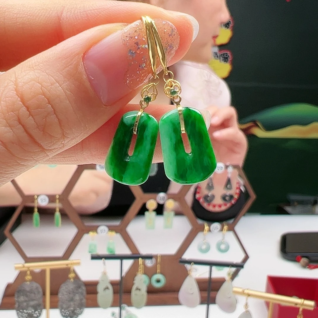 翡翠耳饰18K金镶嵌天然翡翠耳饰18k金镶嵌