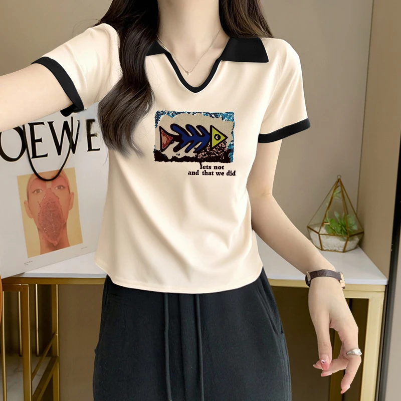大码胖mm设计感小众撞色翻领短袖T恤女士夏季韩版修身显瘦上衣ins