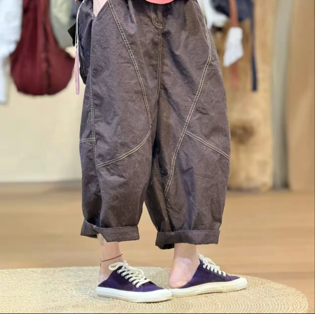 忆古朴拙色织撞色腰双压线休闲裤百搭2510508夏季复古阔腿