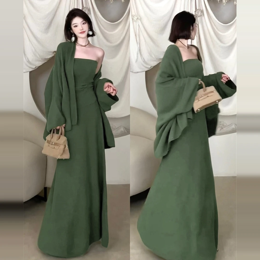 法式气质清冷感慵懒风绿色针织连衣裙子女秋冬2025新款长裙三件套