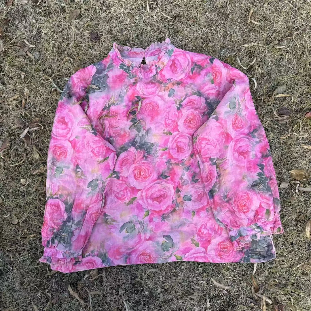 [春季】印花苎麻双层木耳边宽松舒适文艺减龄常规小衫【80-155】斤