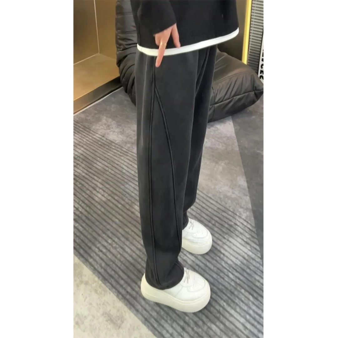 深灰色运动卫裤男款秋冬直筒垂感痞帅高级感裤子美式斜切休闲裤