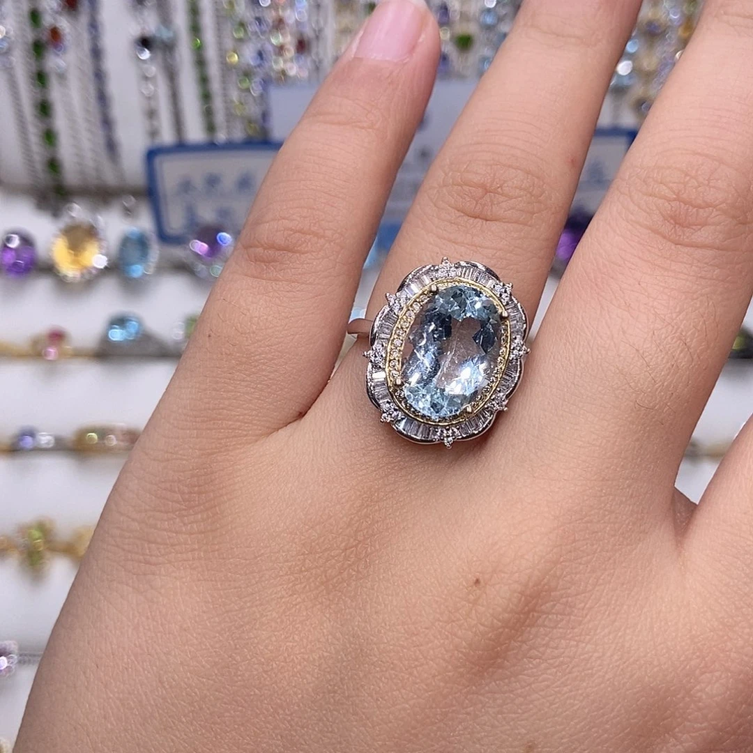 海蓝宝石戒指银S925镶嵌