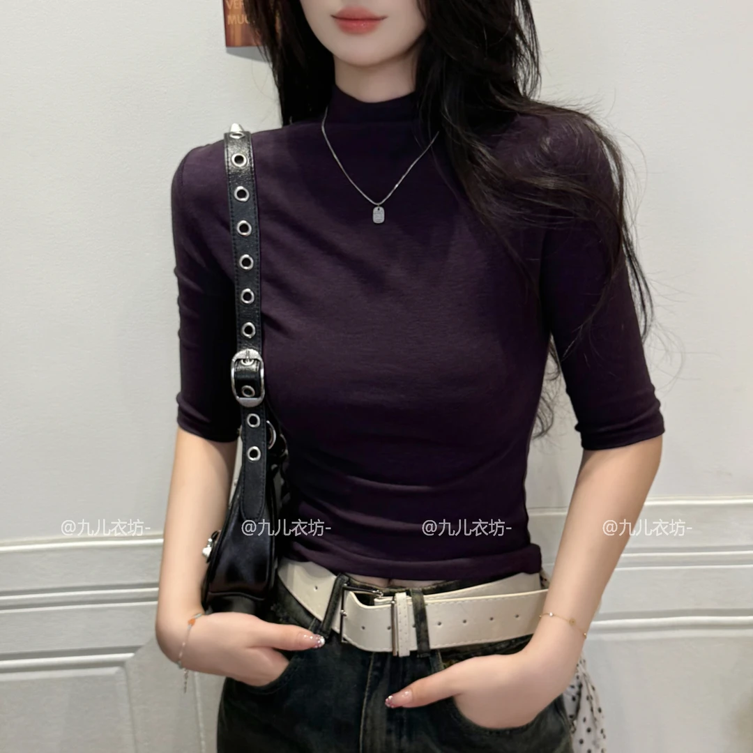 2025半高领中袖T恤女时尚纯色韩版显瘦早秋打底衫内搭女上衣秋冬