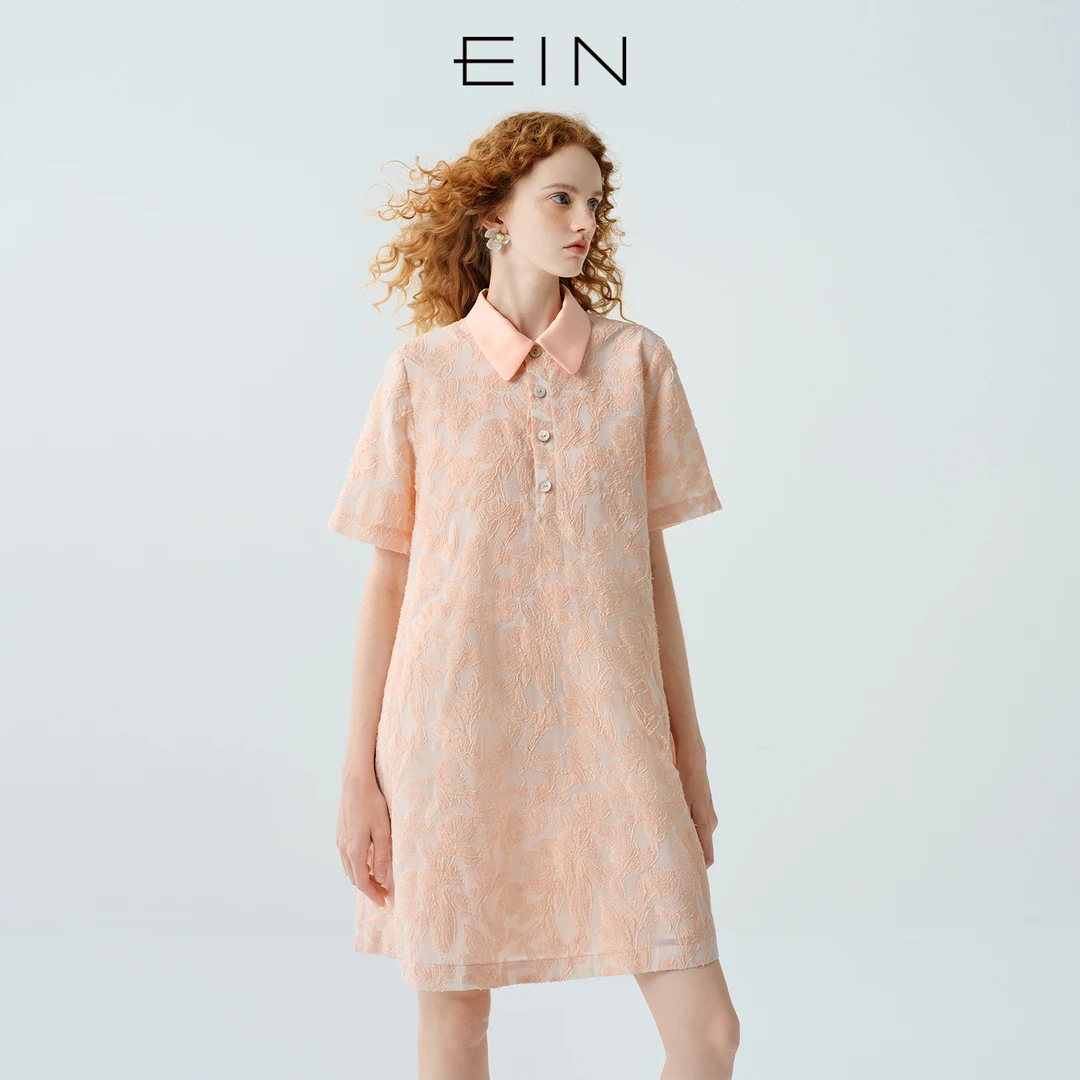 EIN/言帕蒂斯尔风立体剪花撞料翻领伞型短袖连衣裙2025夏季新款