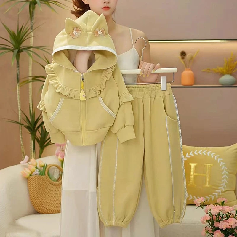 女童连帽套装春秋2025新款儿童卡通秋装女孩开衫束脚裤两件套洋气