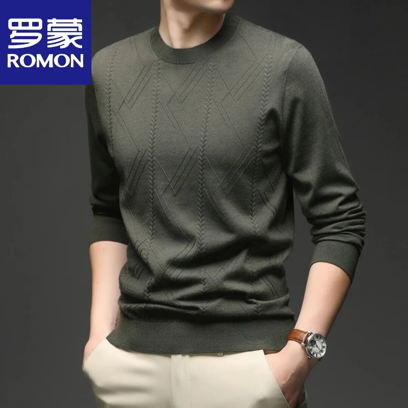 罗蒙【山羊绒+桑蚕丝】高端男士秋季新款重工提花圆领薄款针织打底