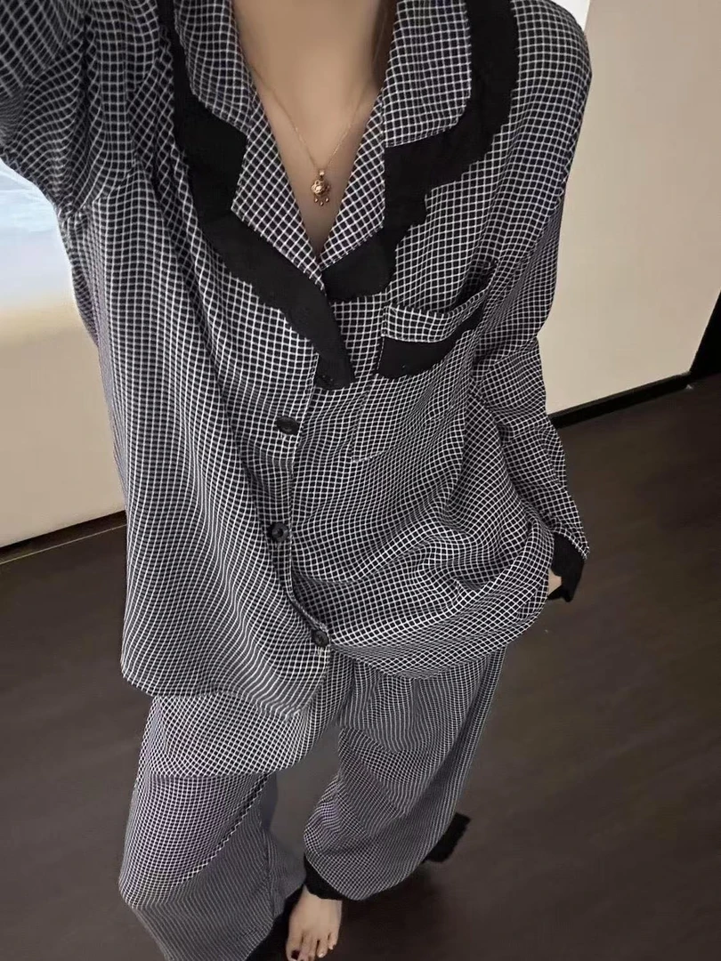 【蓝莓布蕾】新款睡衣女春秋季蕾丝花边格子宽松舒适可外穿家居服