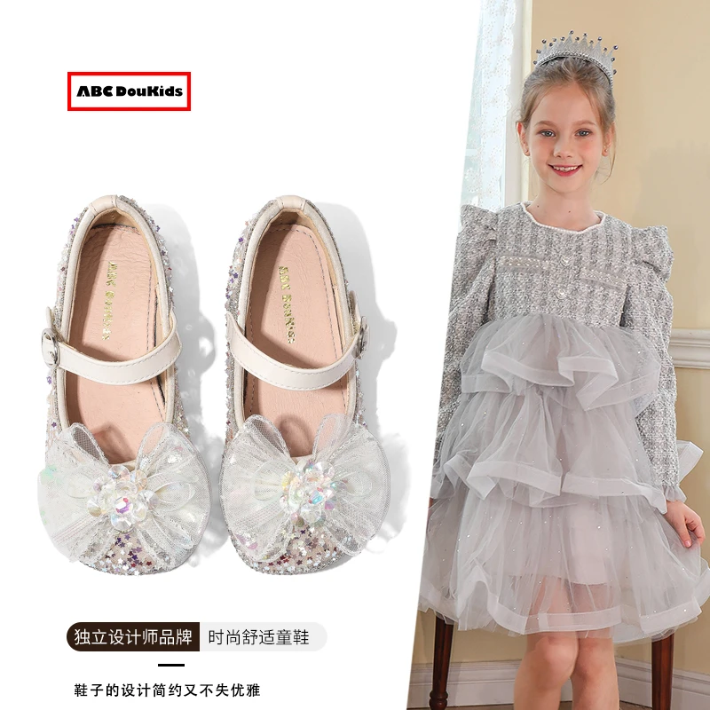 ABC Doukids女童公主鞋2025春季新款蝴蝶结高跟皮鞋儿童水晶单鞋