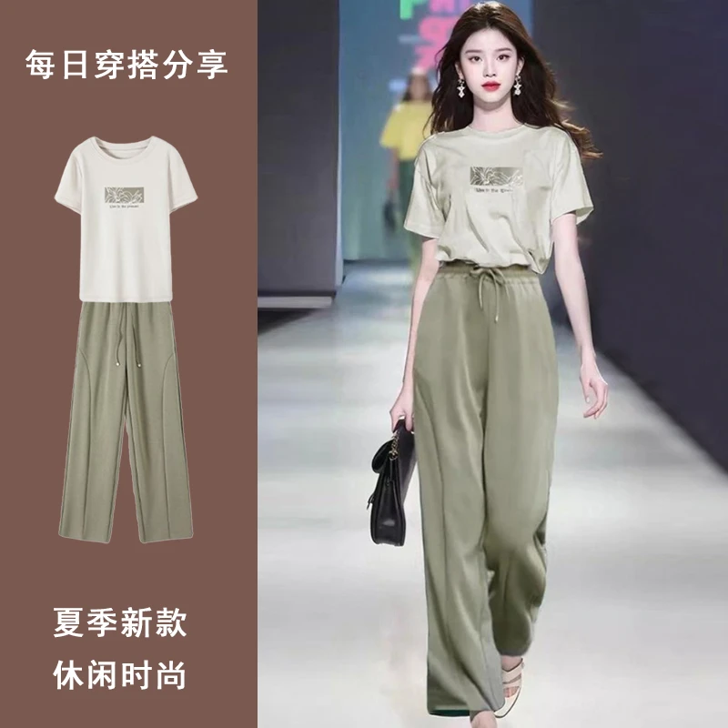 时尚短袖上衣T恤休闲裤套装2024夏季新款女简约宽松通勤气质套装