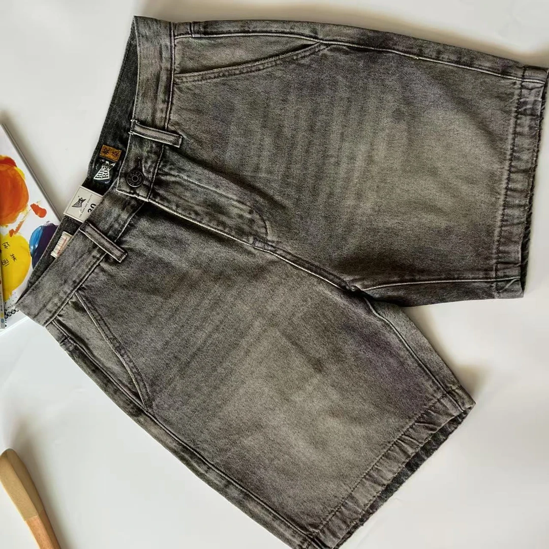 高端复古做旧多口袋棉质男士牛仔五分裤中裤美式高街水洗做旧工艺