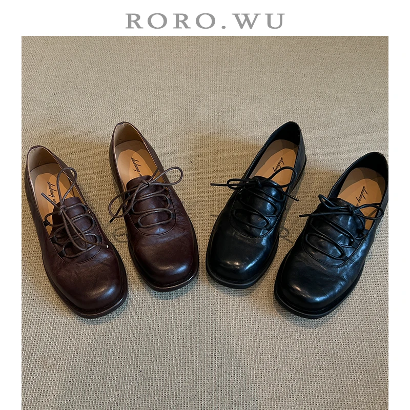 娆娆吴·头层牛皮休闲老钱风系带乐福鞋复古百搭粗跟日常单鞋A160