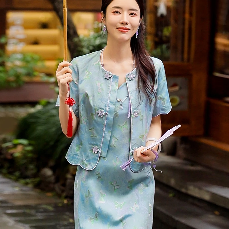 复古日记“藤萝栖翠”蜀锦罗圆领对襟花边小衫+吊带裙252A6717