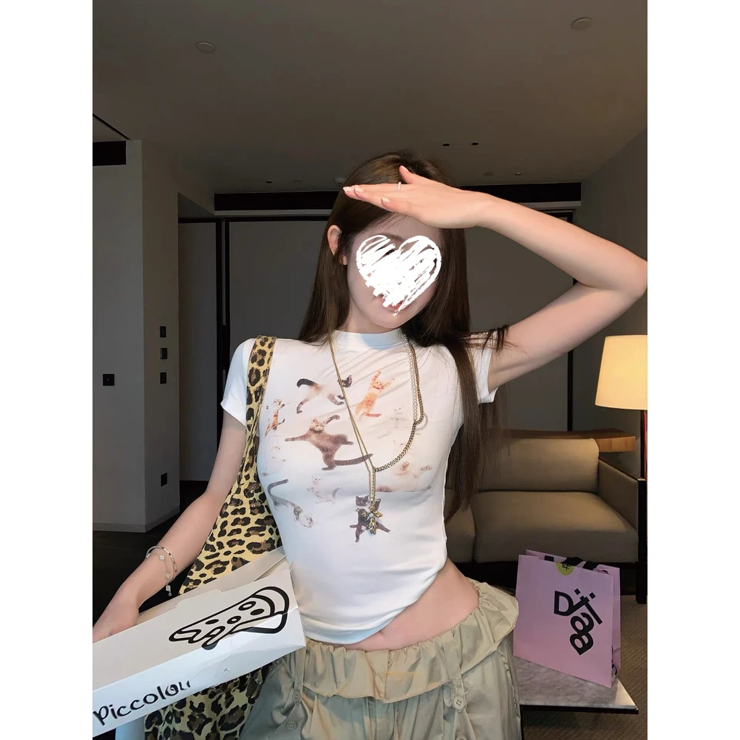 小猫印花正肩圆领T恤+花苞腰头设计感休闲裤  60191