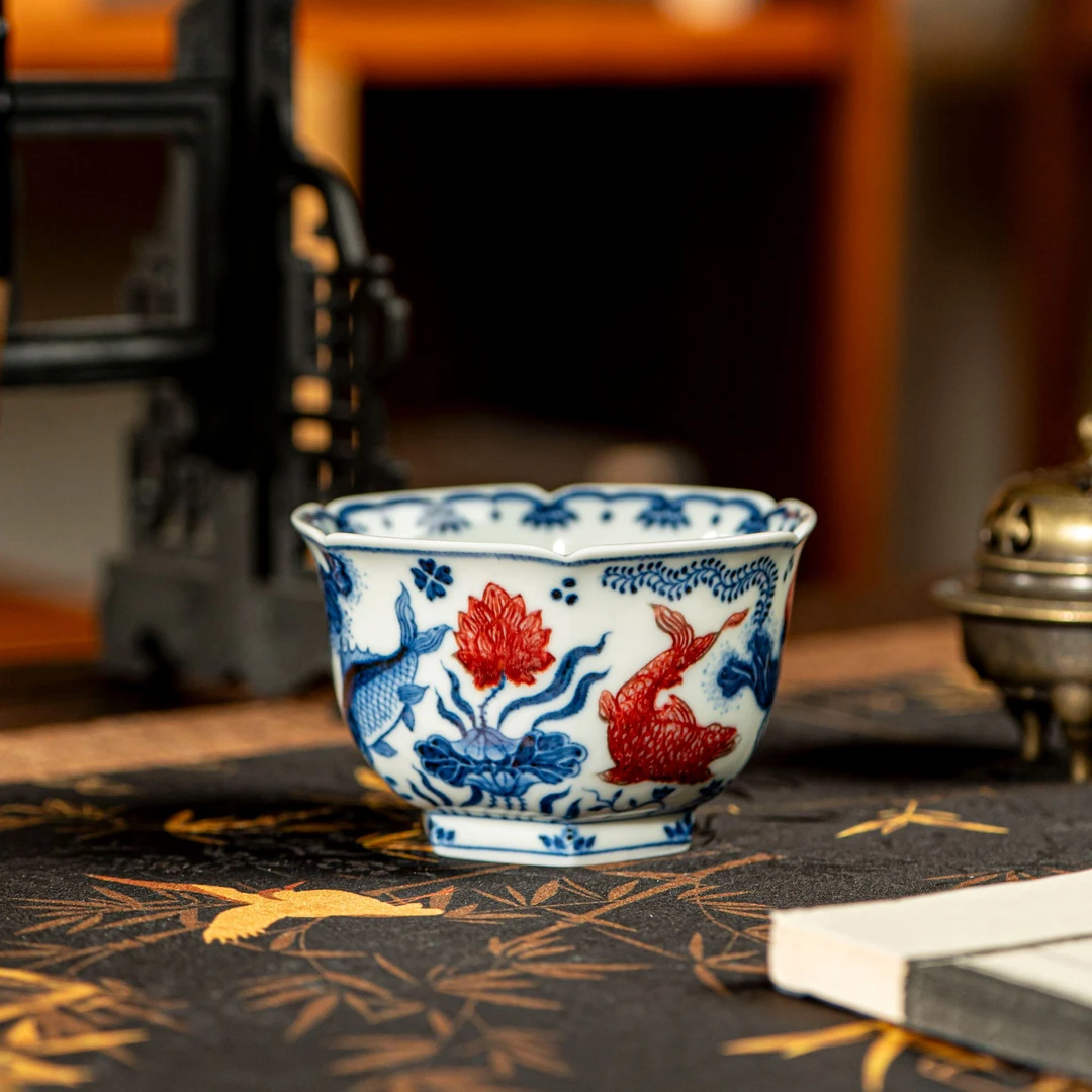 【墨舍名窑】屹朴青花釉里红岁晏有鱼六方杯 yipu1079陶瓷复古国风