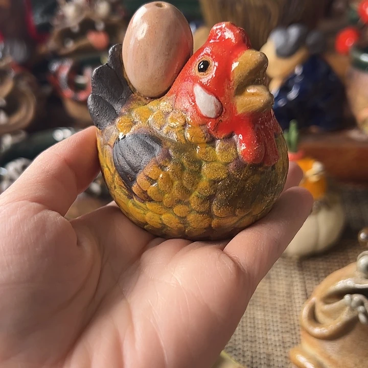 哈***姐陶艺母鸡鸡蛋香插摆件