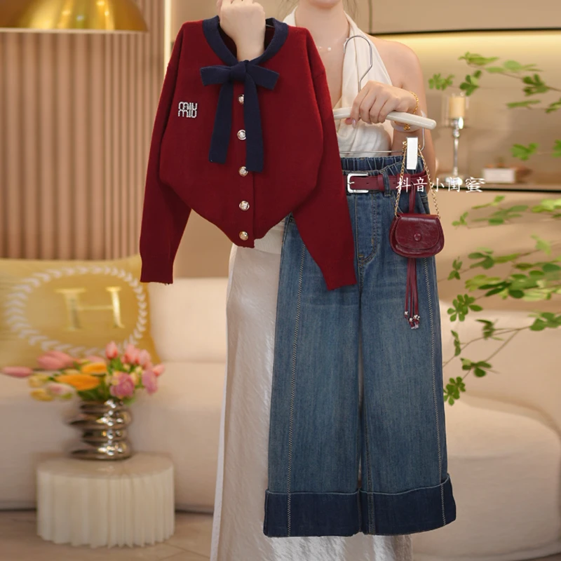 【闺蜜家】女童秋季2025新款时尚针织毛衣开衫外套+牛仔裤套装-8722