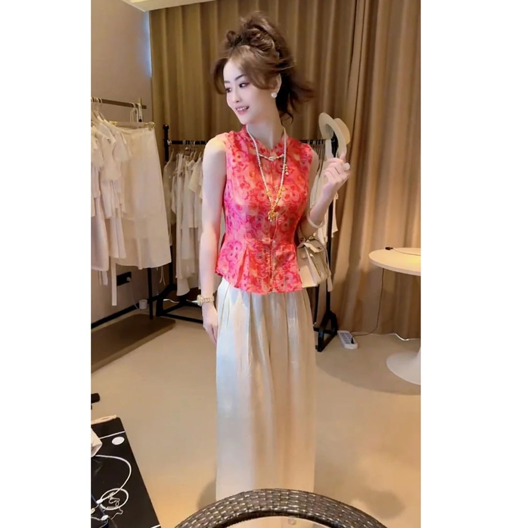 夏季清冷贵气感穿搭轻奢高级感超火新中式禅意国风提花马甲套装裤