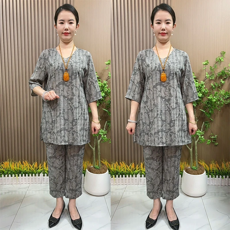 气质妈妈装夏季洋气两件套装中老年女装夏装大码宽松休闲V领套装