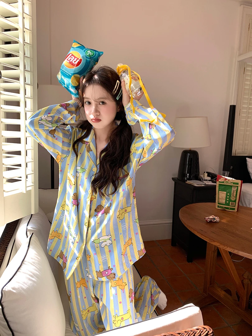 网红韩版可爱撞色小狗条纹长袖睡衣女春秋薄款舒适家居服套装