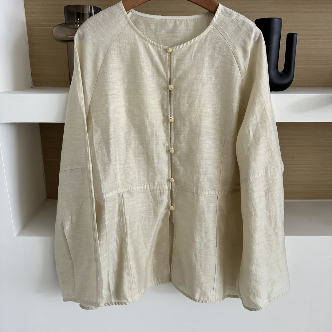 JIUJIU【浪漫西岛】气质长袖时尚简约休闲百搭圆领宽松纯色衬衫防晒