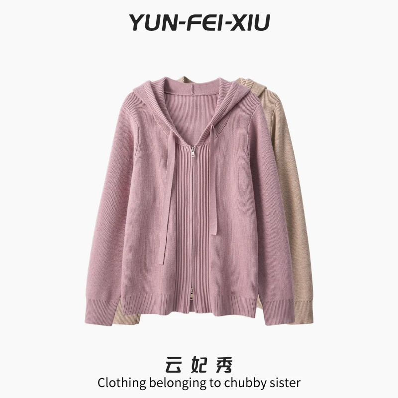云妃秀大码女装针织衫时尚休闲微胖宽松显瘦连帽开衫百搭春68600