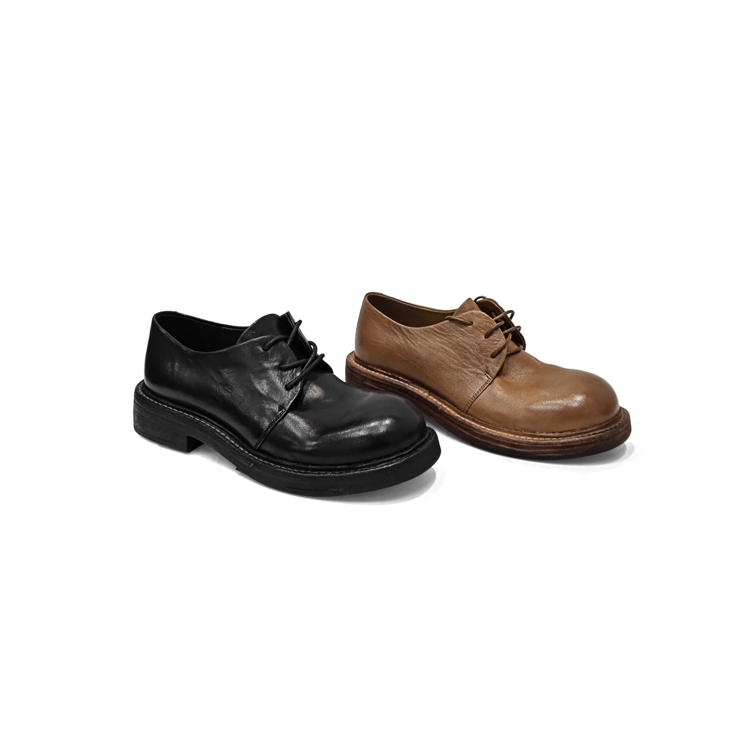 单鞋女水洗马皮复古系带小皮鞋女暗黑德比鞋中跟牛津鞋女