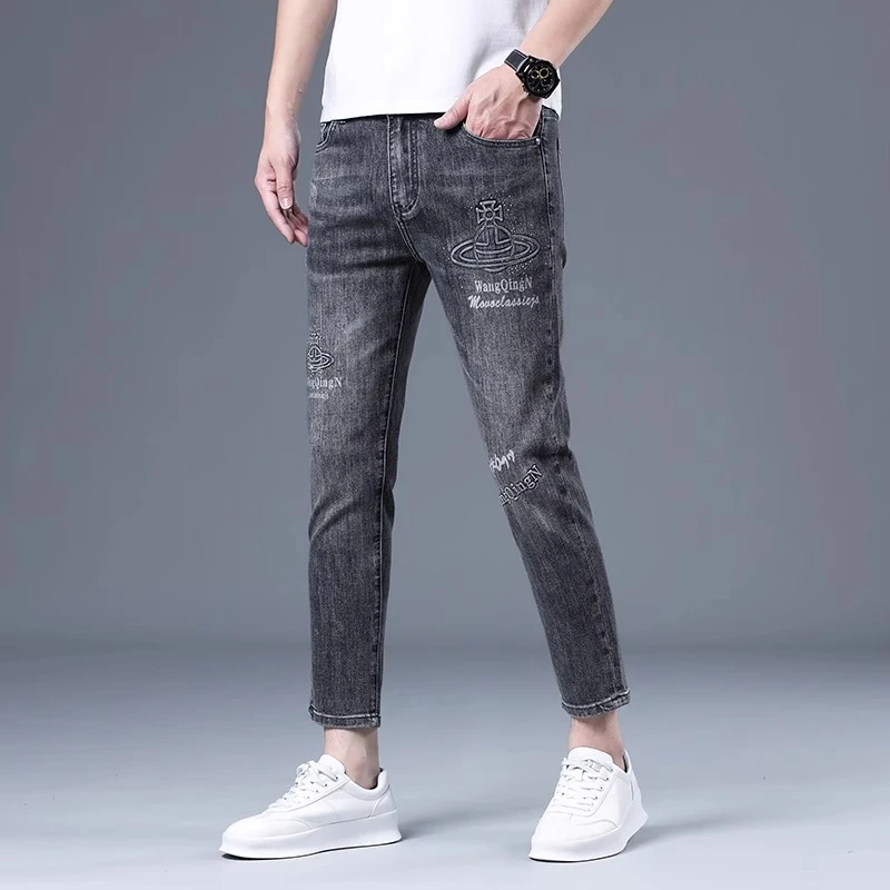 Cebrodz高端轻奢印花烫钻牛仔裤九分裤男士修身小脚时尚百搭休闲