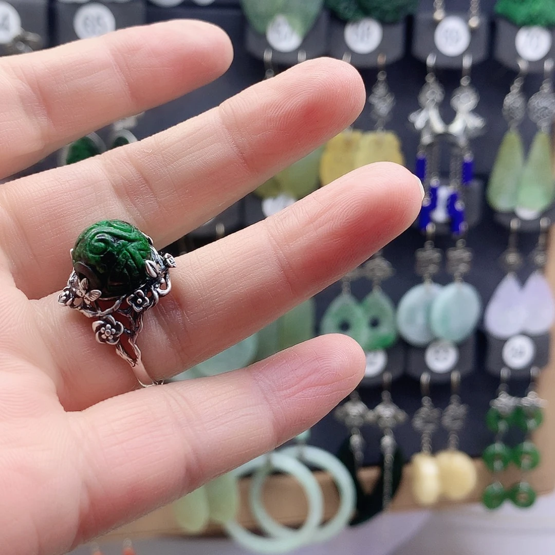 美***花翡翠银S925镶嵌戒指