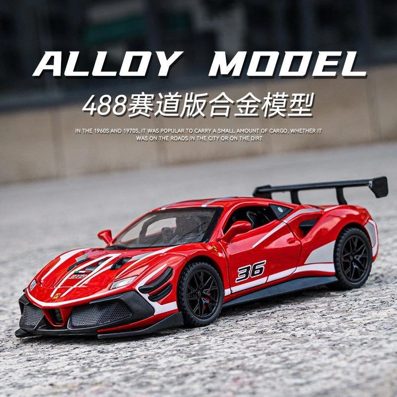 1：32红色赛道版合金小汽车模型回力声光玩具拉花跑车超跑儿童车模