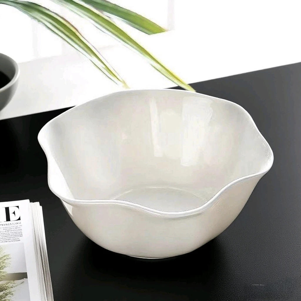 云莲 纯白骨瓷花边面条碗家用沙拉碗异形水果碗食品级耐高温陶瓷