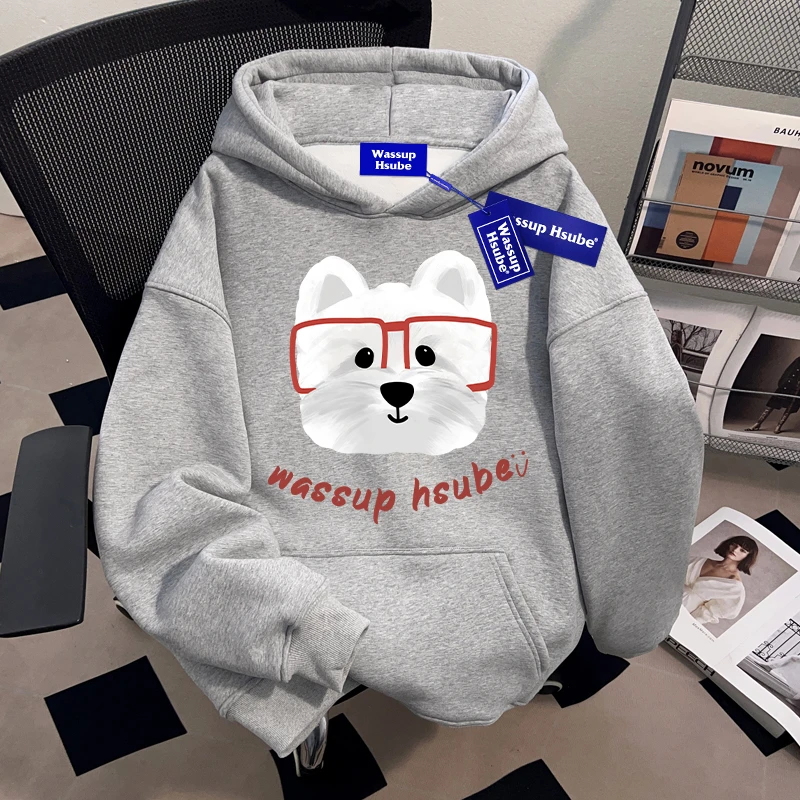 WASSUP HSUBE美式小狗套头连帽情侣卫衣重磅慵懒宽松百搭上衣秋冬