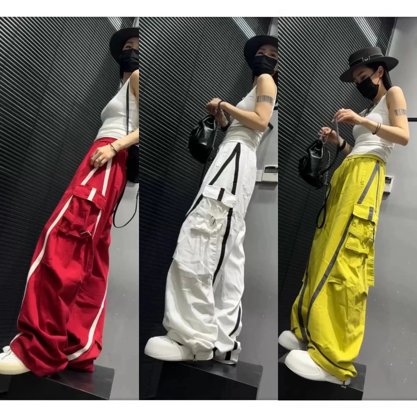 欧货休闲裤女2025春夏新款个性糖果色侧边口袋设计感杠条拖地长裤