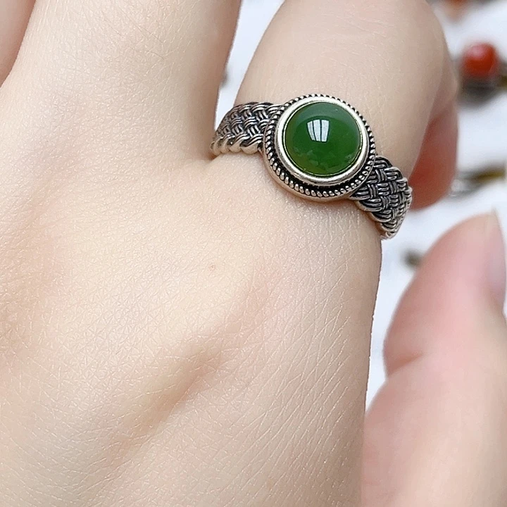 和田玉戒指银S925镶嵌天然