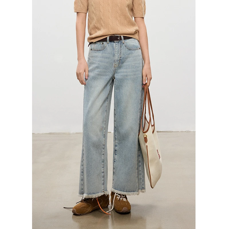 鲸乎【欧若风】毛边九分直筒牛仔裤女秋冬通勤宽松显瘦纯棉阔腿裤