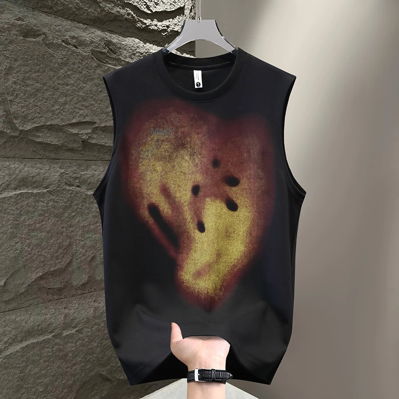 夏季男士背心宽松丝光棉透气薄款无袖T恤休闲印花潮流ins运动汗衫