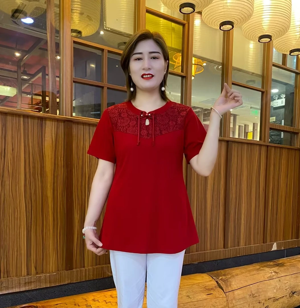 2025夏季新款时尚百搭蕾丝拼接气质高档妈妈装中长上衣