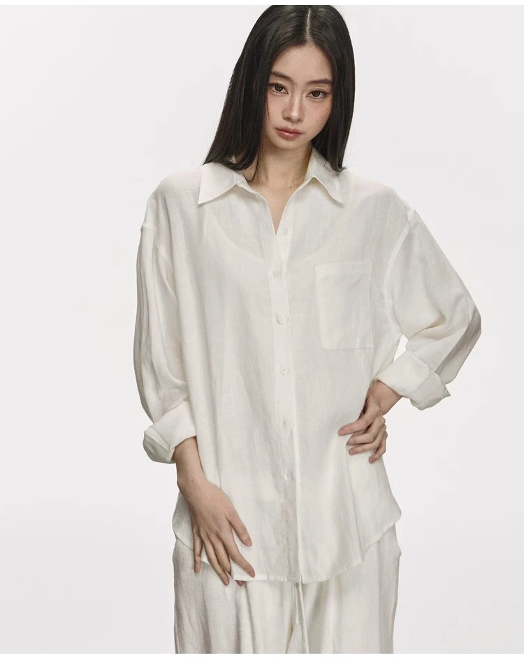 anna aneae亚麻衬衫套装女白色秋季休闲宽松复古百搭慵懒风二件套