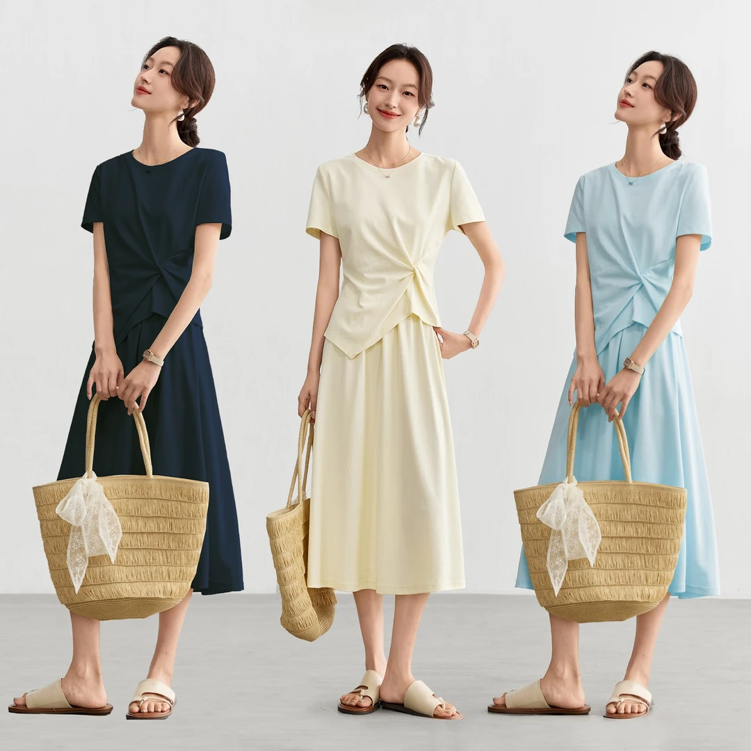 尚都比拉扭结系列通勤不规则下摆短袖T恤松紧腰A字半身裙C2159